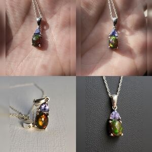 VID WORKING! 925 Natural Ethiopian Black Opal Tanzanite Pendant Necklace, Italy